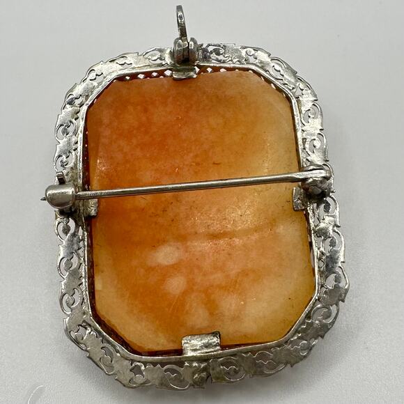 Antique Edwardian 1900s solid 14kt white gold carved shell cameo brooch pendant - Picture 5 of 10